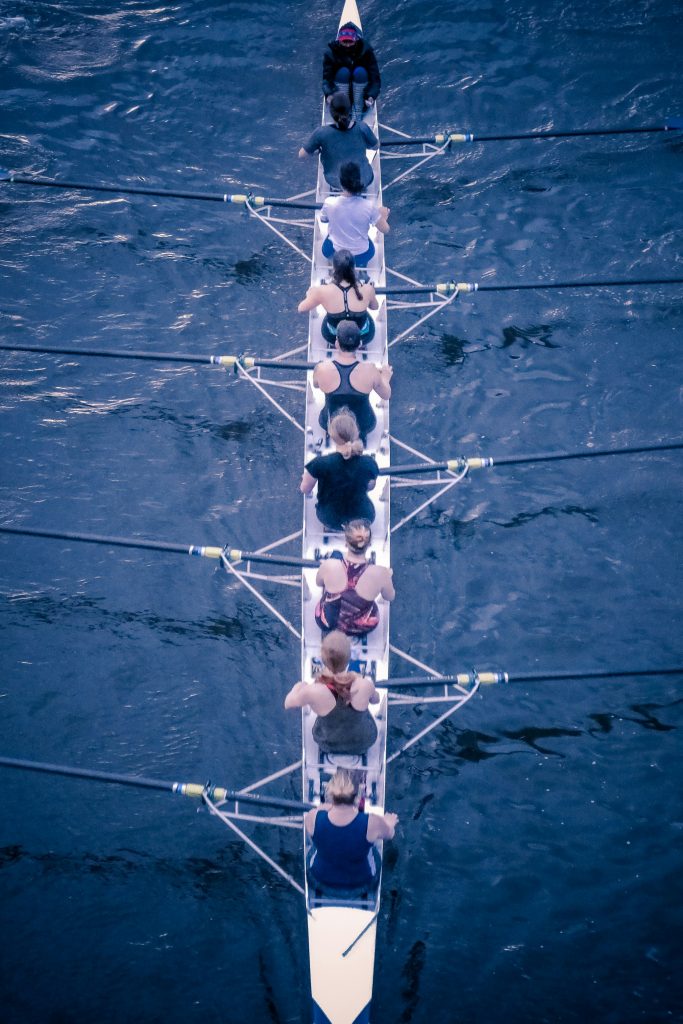 A rowing crew in a long, skinny boat rows through calm waters.